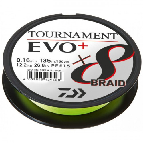 Плетено влакно Daiwa TOURNAMENT X8 BRAID EVO+ CHARTREUSE (жълто) - 135m_Daiwa