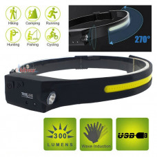 Фенер челник със сензор зареждащ USB LED Headlamp XPE+COB TR-516R - TRIXLINE